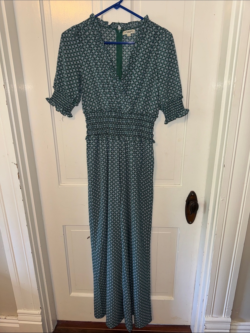 Smocked Waist Navy Green Printed Wide Leg Romper